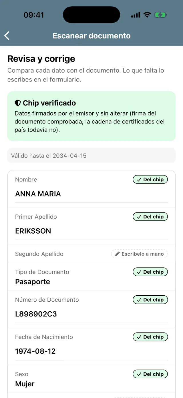 Hospitalero: chip de un pasaporte de muestra leído por NFC y verificado.