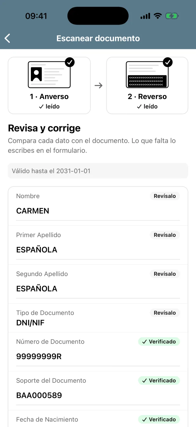 Hospitalero: datos leídos de la foto de un documento de muestra, marcados como comprobados.