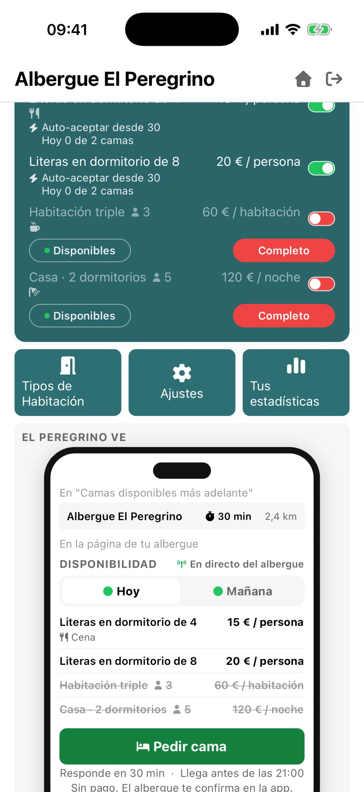 Hospitalero, tarjeta de Camas apalabradas: cada habitación con su interruptor y, con las peticiones apagadas, Disponibles, Quedan pocas o Completo. Datos de prueba.