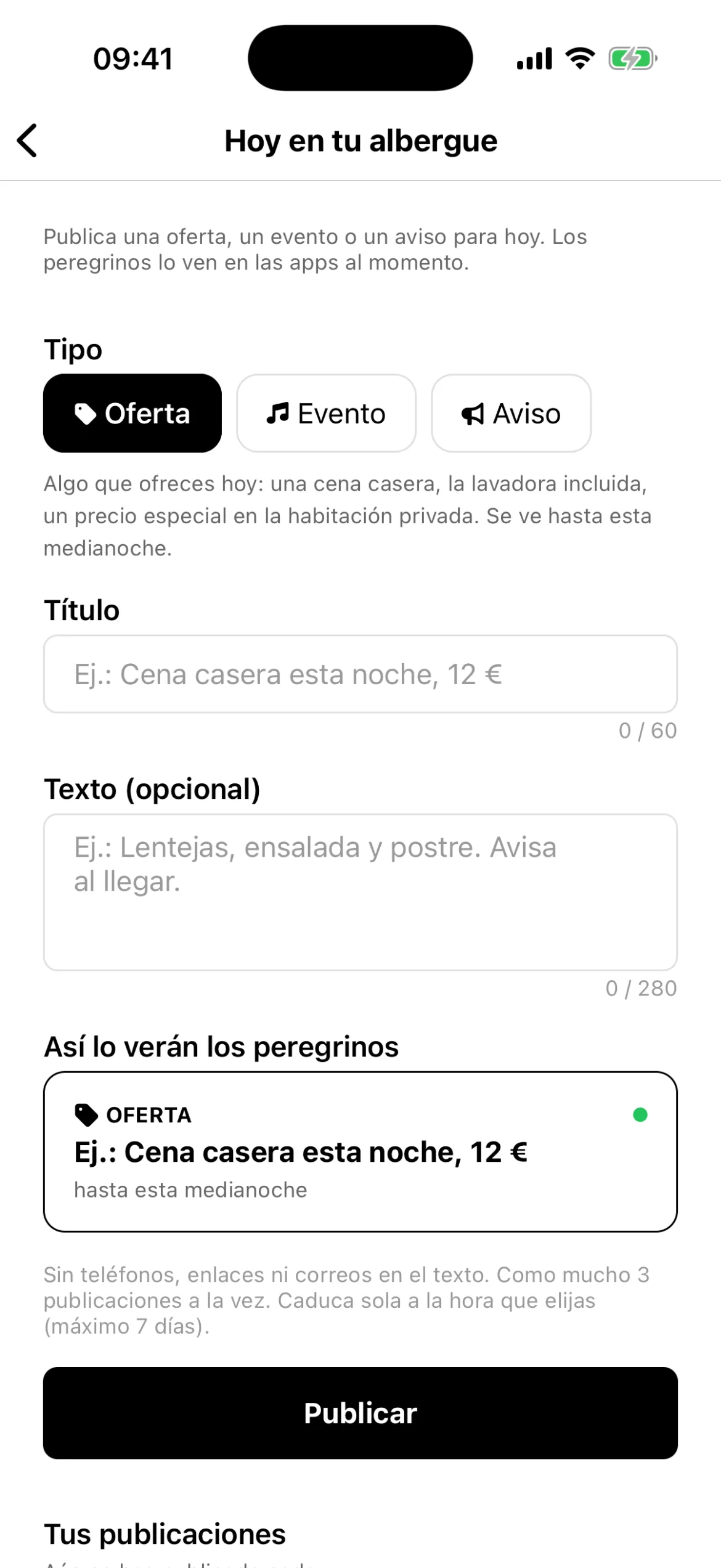 Hospitalero, Hoy en tu albergue: eliges Oferta, Evento o Aviso, escribes el título y el texto, y ves cómo lo verán los peregrinos antes de publicar.