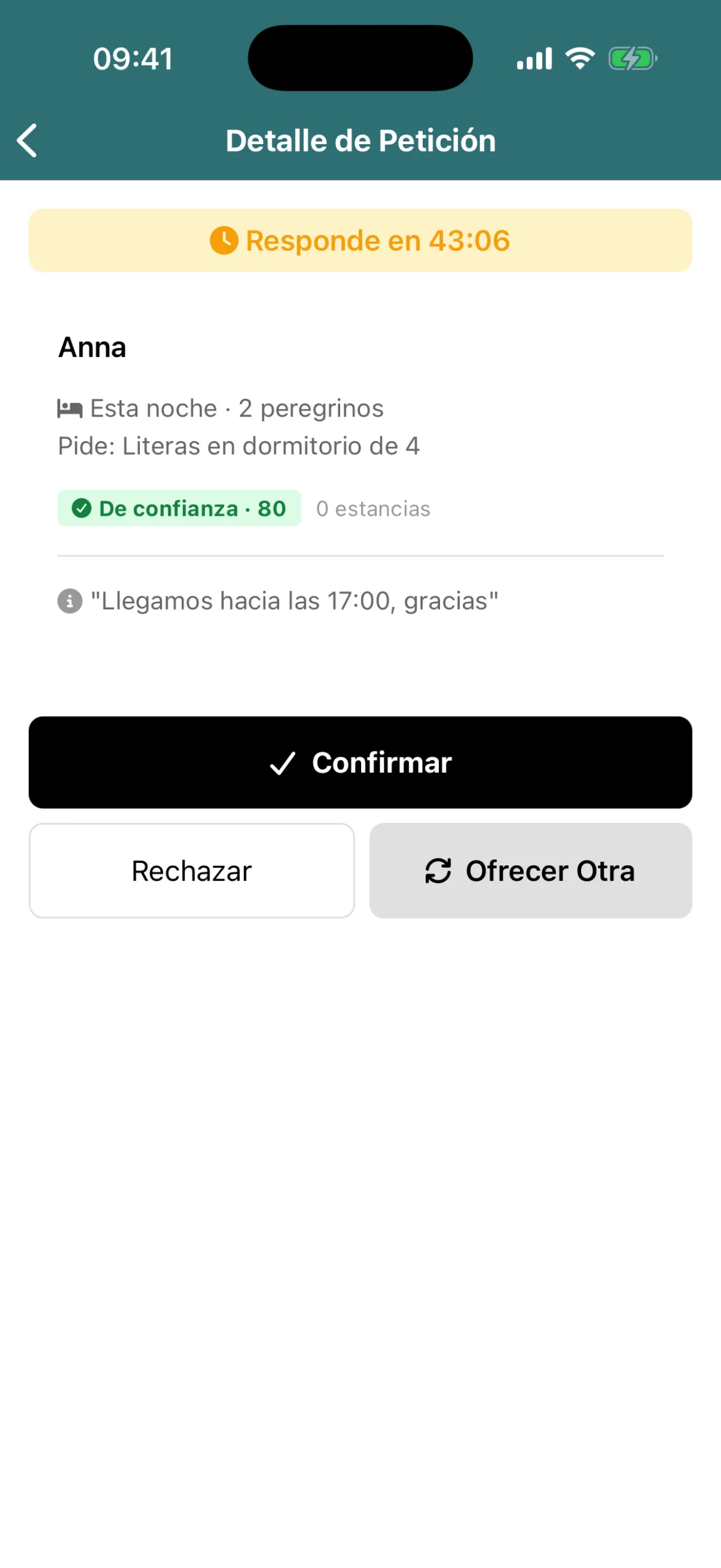 Hospitalero, detalle de la petición de Anna: esta noche, 2 peregrinos, literas en dormitorio de 4, con los botones Confirmar, Rechazar y Ofrecer otra. Datos de prueba.