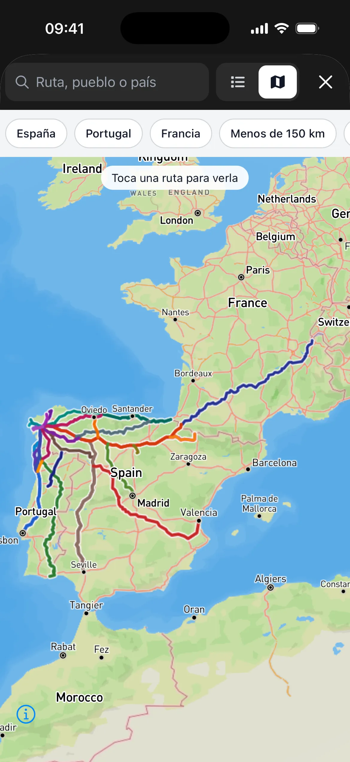 All Caminos, buscador de rutas en vista de mapa: todos los Caminos a Santiago dibujados sobre Europa, con filtros por país y por distancia.