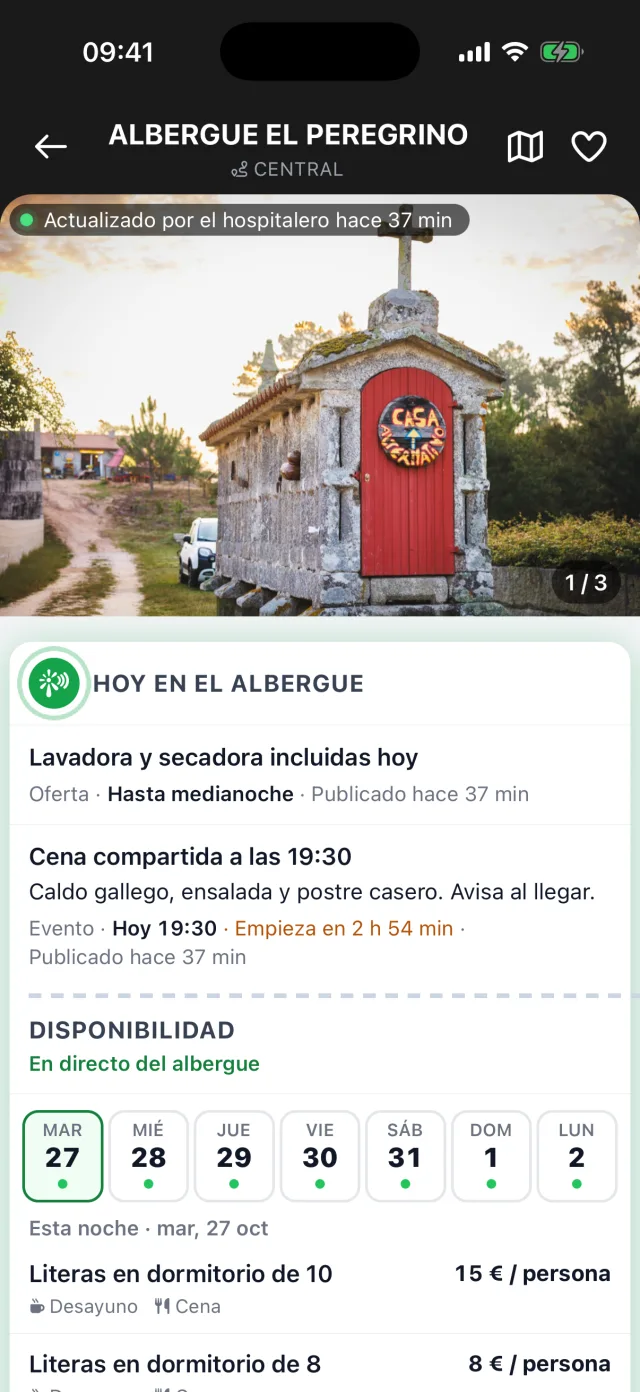 All Caminos, página de un albergue: la disponibilidad de esta noche y de los próximos seis días, un día por botón, para pedir cama. Datos de prueba.