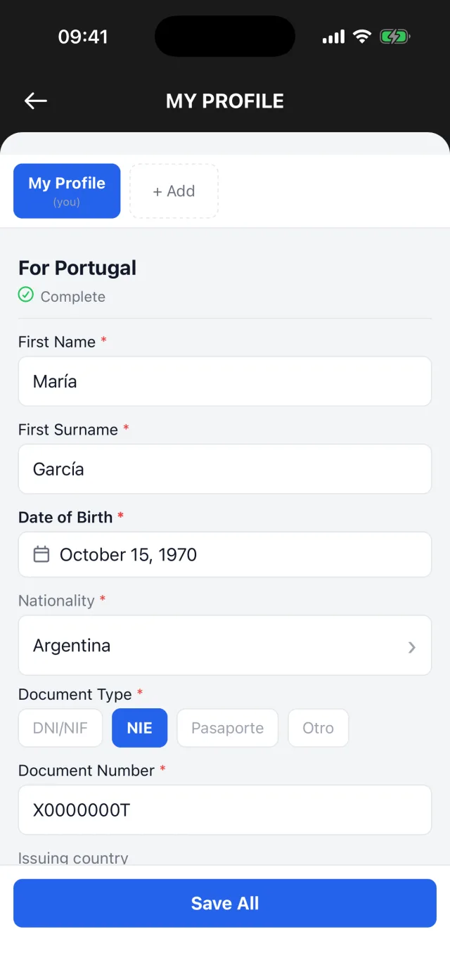 All Caminos: the pilgrim's check-in profile, with test data.