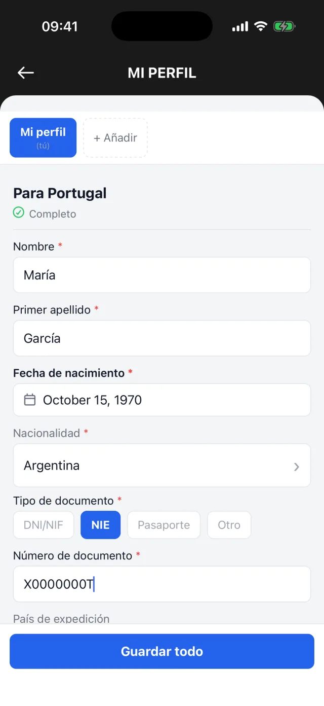 All Caminos: el perfil de registro del peregrino, con datos de prueba.