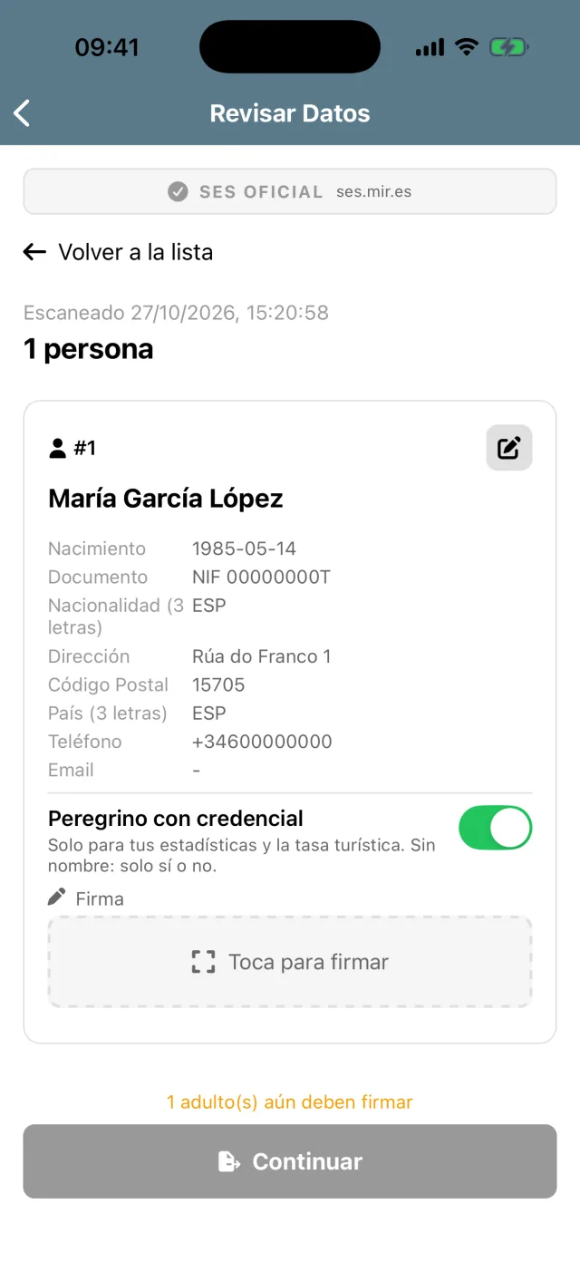 Hospitalero: revisar los datos escaneados antes de enviarlos, con datos de prueba.
