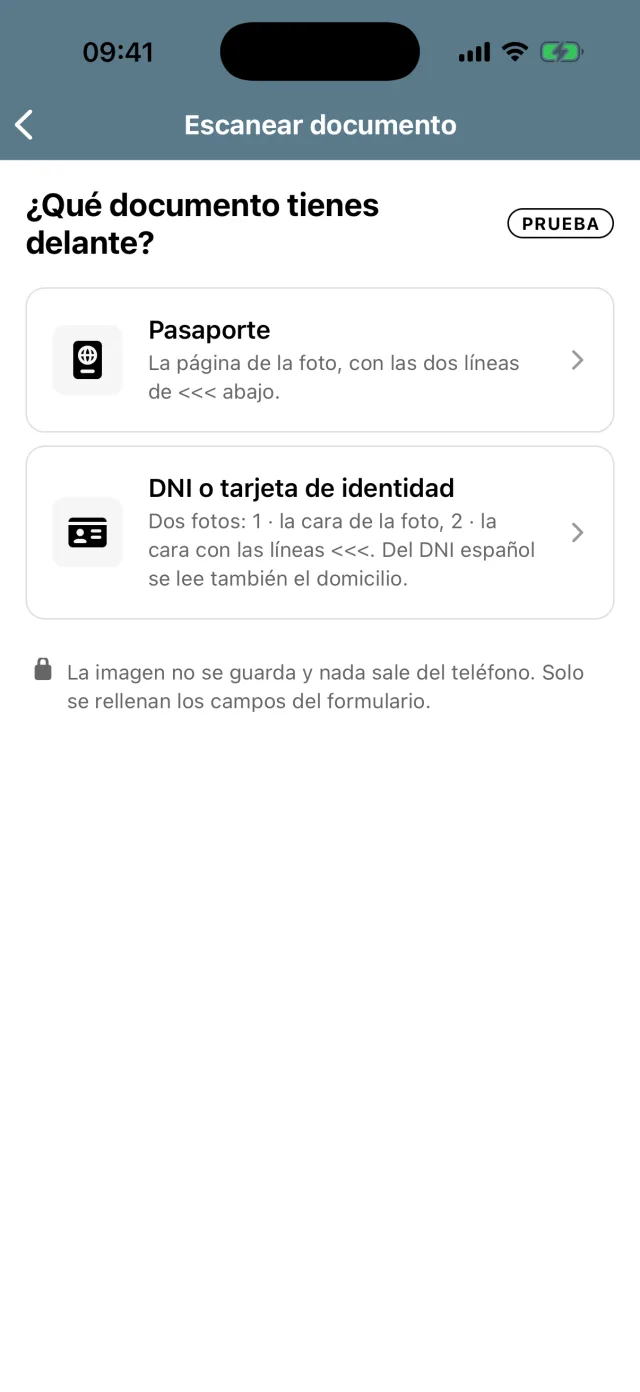Hospitalero: escanear el documento del huésped, pasaporte o DNI, con datos de prueba.