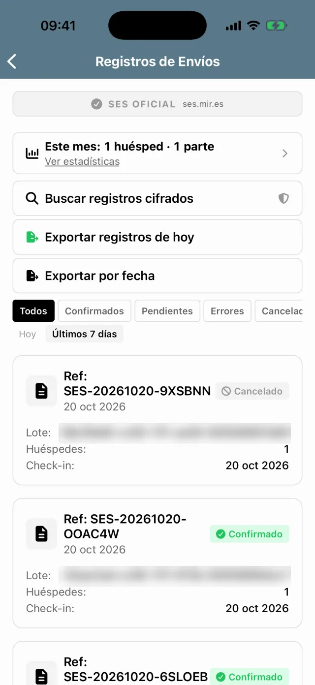 Hospitalero: los partes enviados a SES.HOSPEDAJES, con su referencia y su estado; el número de lote, tapado.