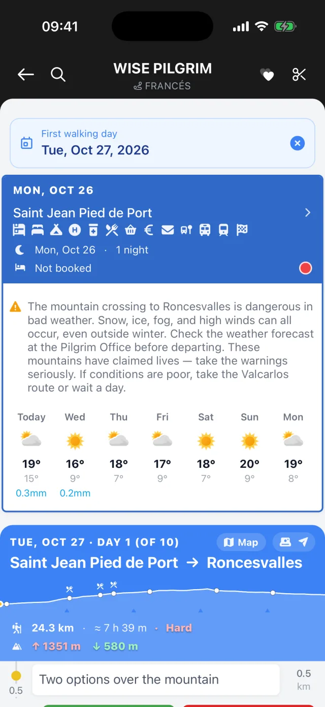 All Caminos: a pilgrim's plan on the Camino Francés, day by day with dates, the week's weather and today's stage.