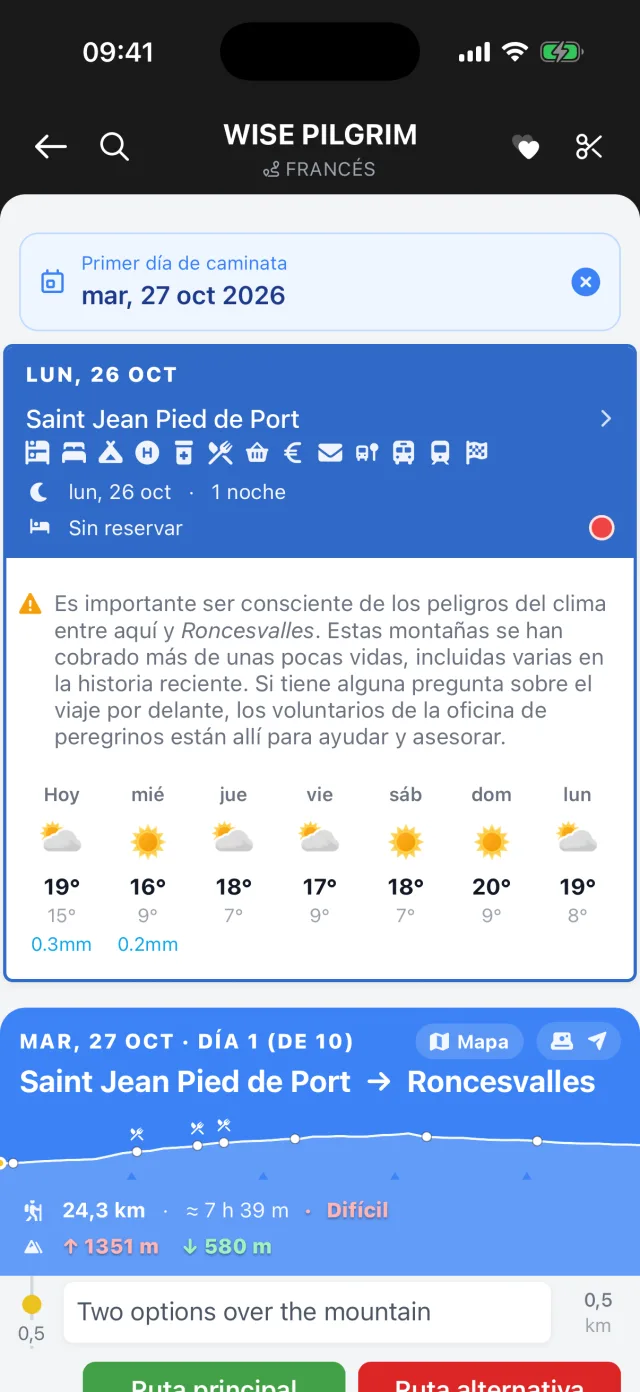 All Caminos: el plan del peregrino por el Camino Francés, día a día con fechas, el tiempo de la semana y la etapa de hoy.
